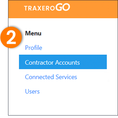 TraxeroGO screen showing Menu with Contractor Accounts item highlighted