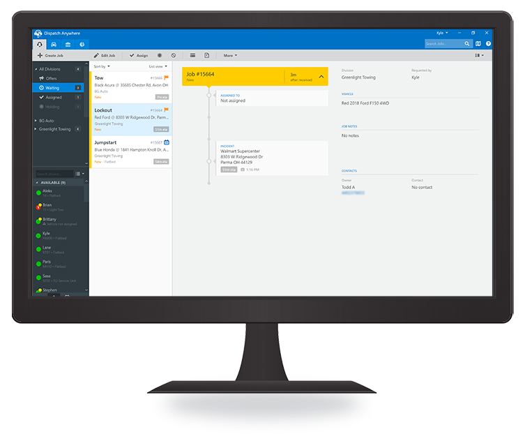 A desktop monitor displaying the dispatch screen within Dispatch Anywhere Towing Management Software