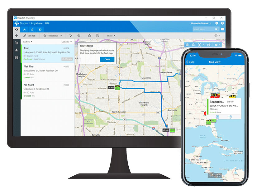A desktop monitor and an Apple iPhone showing screens from Dispatch Anywhere towing management software