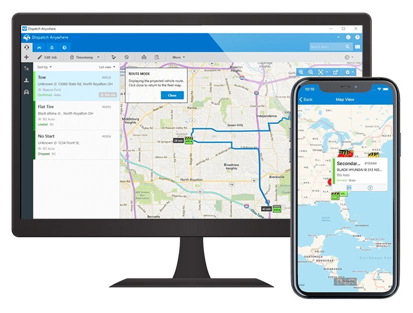 Screens from Dispatch Anywhere on a desktop monitor and an iPhone