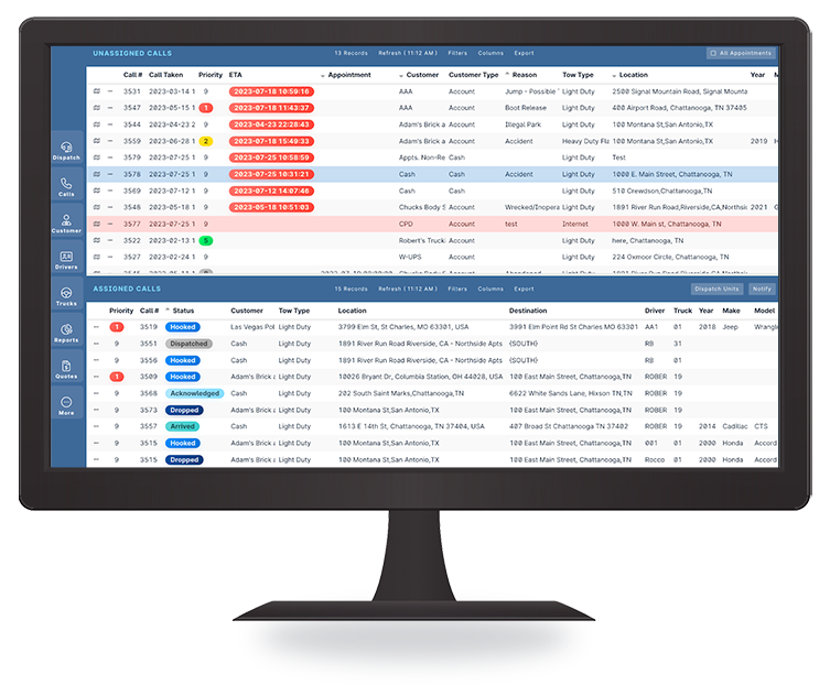 A desktop monitor showing the dispatch screen of Autura's TOPS software