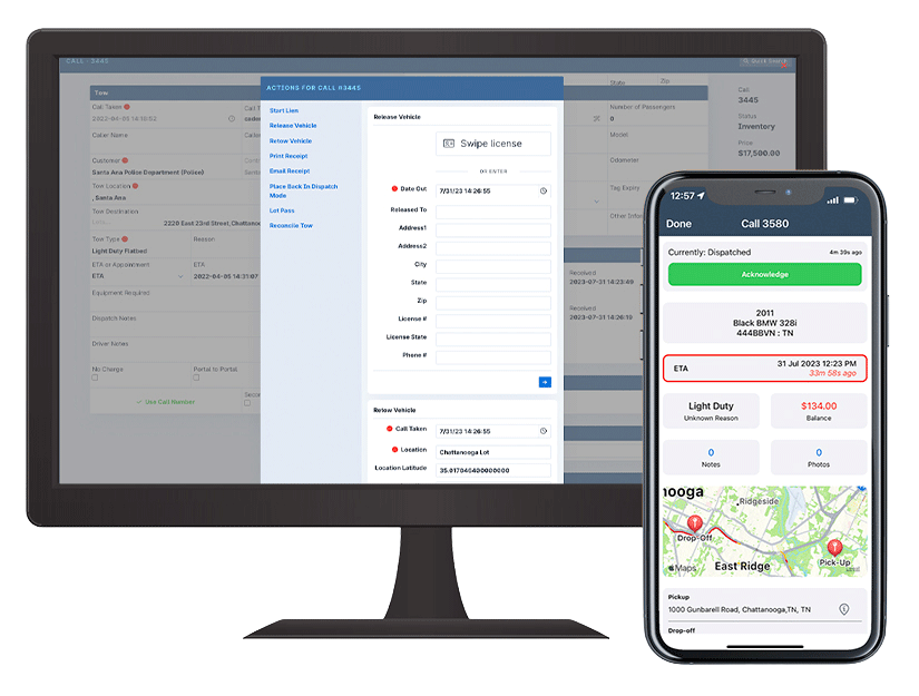 A desktop monitor and an Apple iPhone showing screens from TOPS Towing Management Software