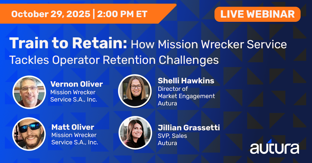 Banner for an upcoming webinar titled Train to Retain: How Mission Wrecker Service Tackles Operator Retention Challenges