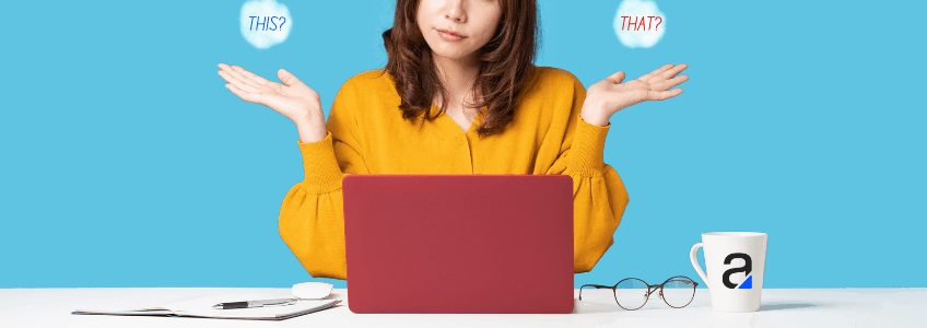 A guide to towing management software selection image featuring woman in yellow sweater deciding between this or that