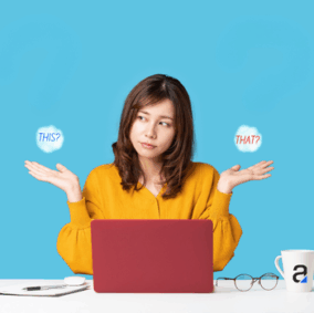 woman in yellow sweater deciding between this or that