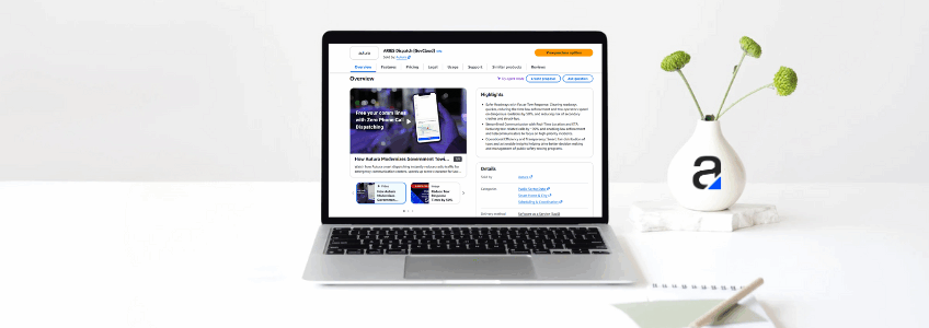 Autura SaaS solutions on AWS Marketplace featuring an image of a laptop show the Autura ARIES Dispatch Listing