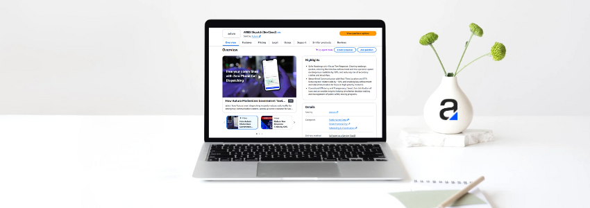 Autura SaaS solutions on AWS Marketplace featuring an image of a laptop show the Autura ARIES Dispatch Listing