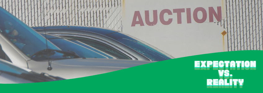 Vehicles in and Impound Auction Yard with "Expectation vs. Reality" text