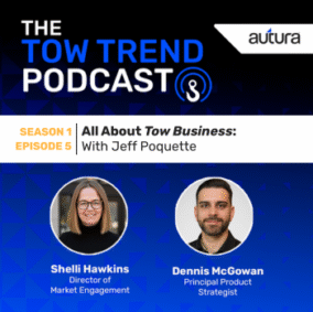 Tow Trend Podcast Episode 5 thumbnail image with Shelli and Dennis profile pictures against a blue background