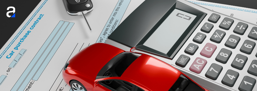 Vehicle resale contract with car key, red car and calculator