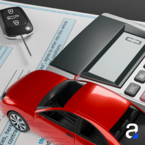 Vehicle resale contract with car key, red car and calculator