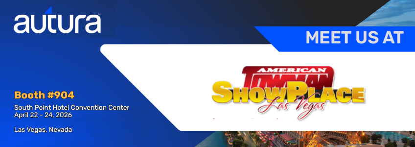 Autura Booth Number at the American Towmand ShowPlace Las Vegas 2026 Event poster on blue background with yellow accents