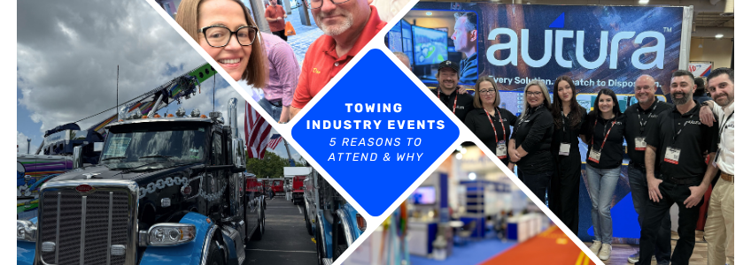 Blog post about attending towing industry events thumbnail image with event collage images