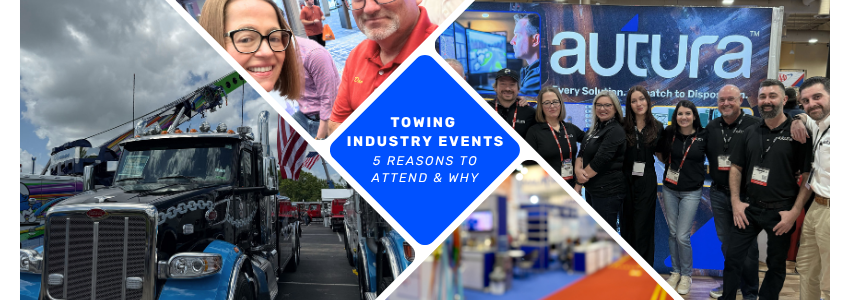 Blog post about attending towing industry events thumbnail image with event collage images
