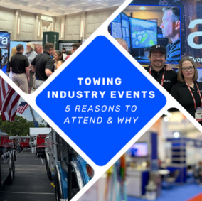 Blog post about attending towing industry events thumbnail image with event collage images
