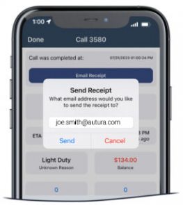 Autura’s TOPS Towing Management Software An Apple iPhone showing a modal to send a payment receipt from a tow to the customer's email