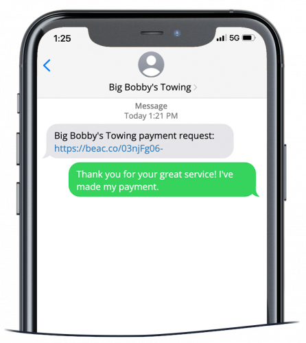 A text message with a link to pay for towing services shown on an Apple iPhone